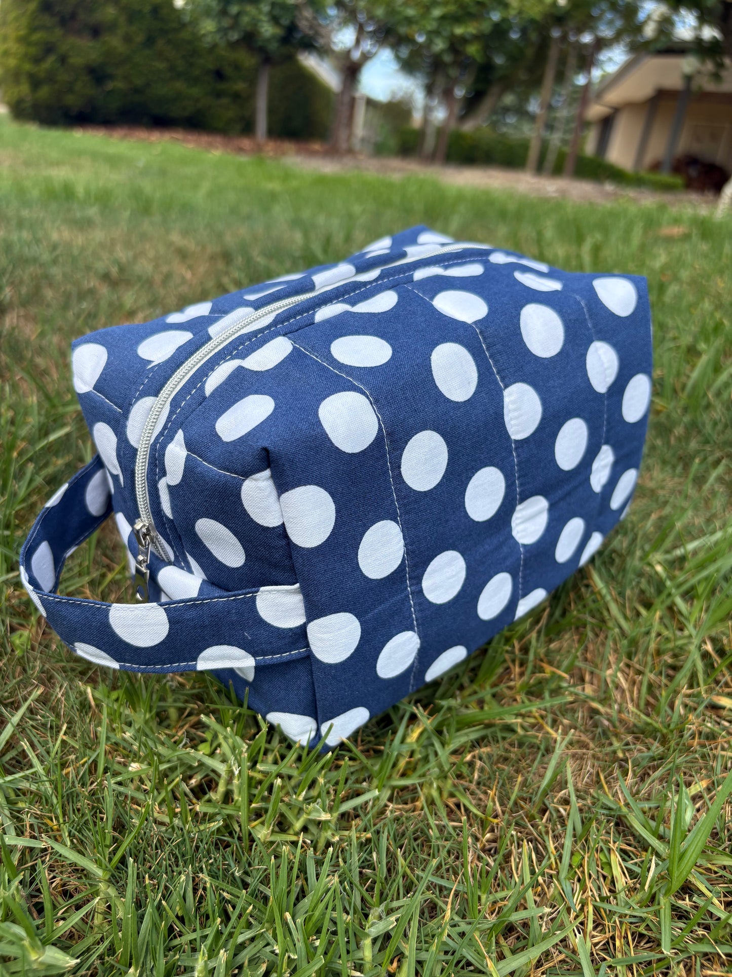 Navy with white polka dots